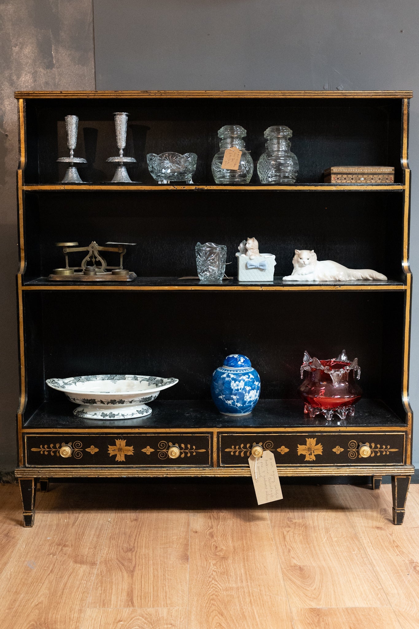 Regency Ebonised Gilt Painted Pine Waterfall Bookcase