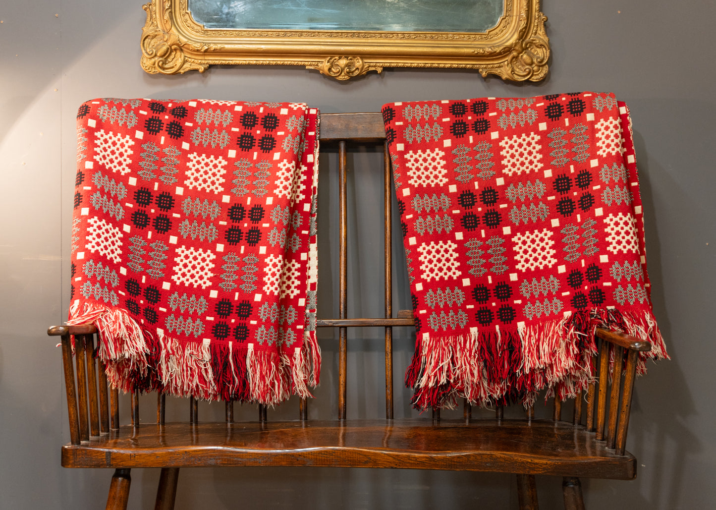 A pair of double sided traditional Welsh blankets