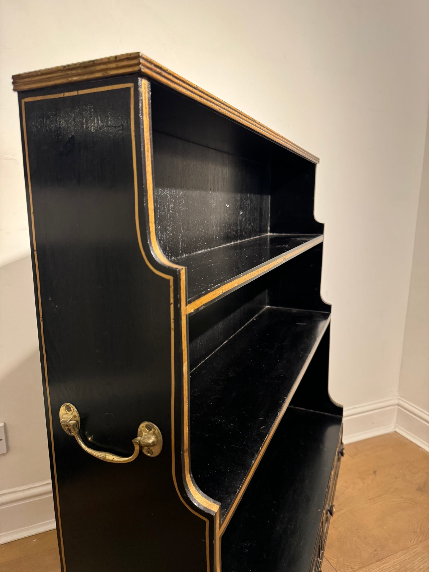 Regency Ebonised Gilt Painted Pine Waterfall Bookcase