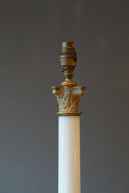 A large brass & opaline glass Corinthian column lamp.