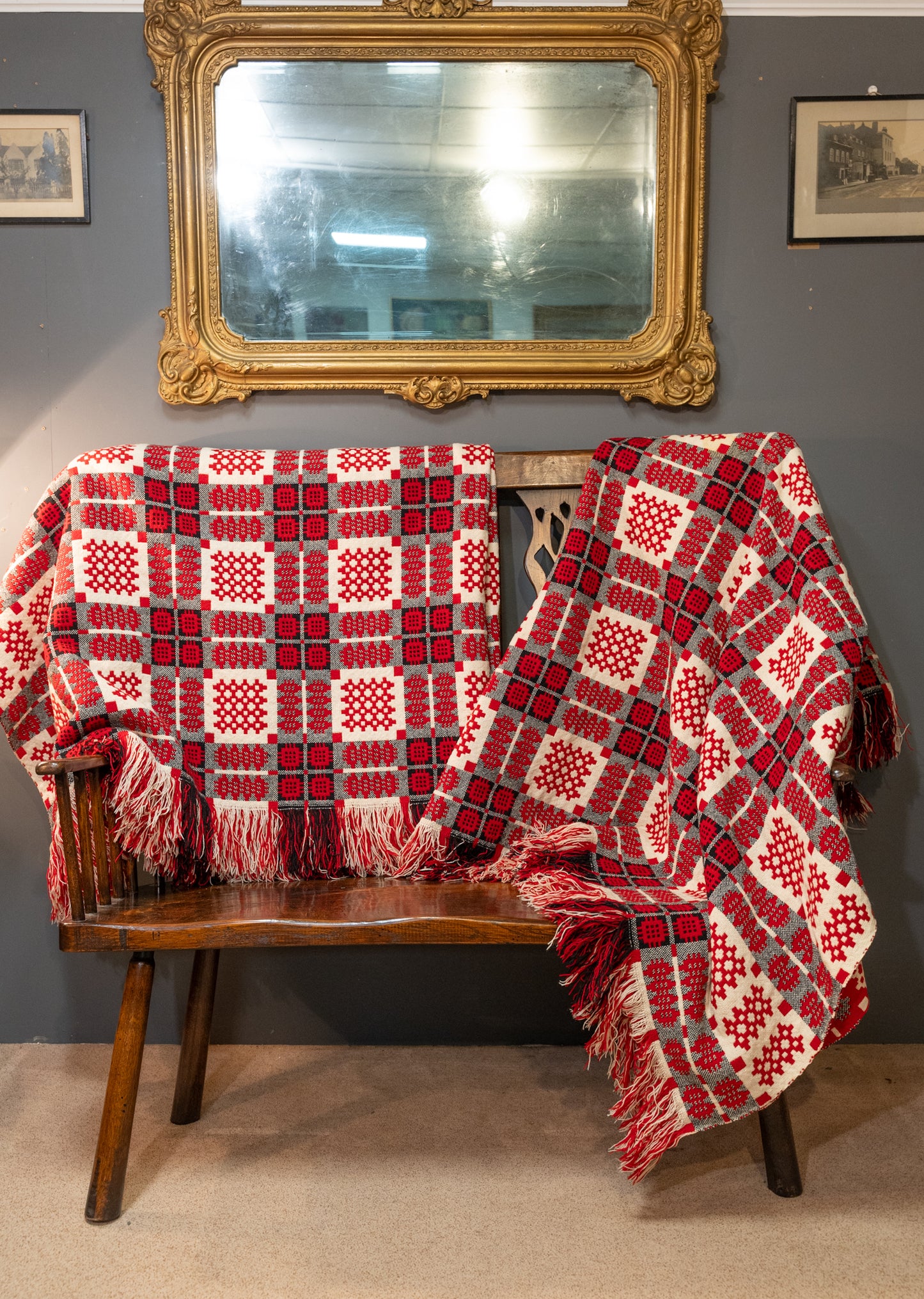 A pair of double sided traditional Welsh blankets