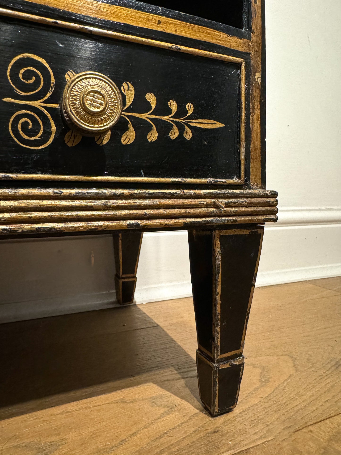 Regency Ebonised Gilt Painted Pine Waterfall Bookcase